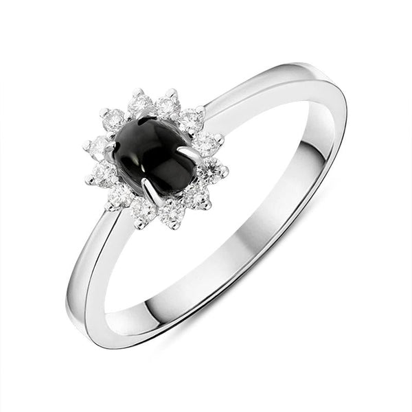 18ct White Gold Whitby Jet 0.14ct Diamond Oval Flower Ring R1190