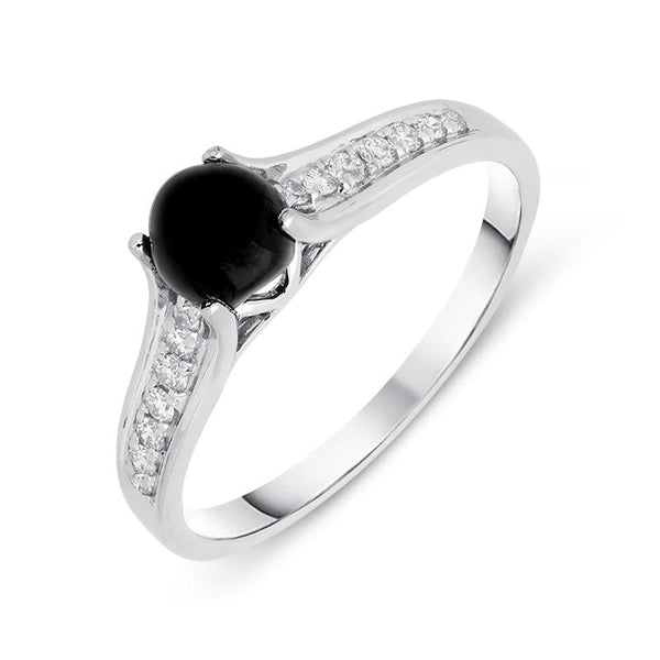 18ct White Gold Whitby Jet 0.15ct Diamond Shoulders Ring, R1156.