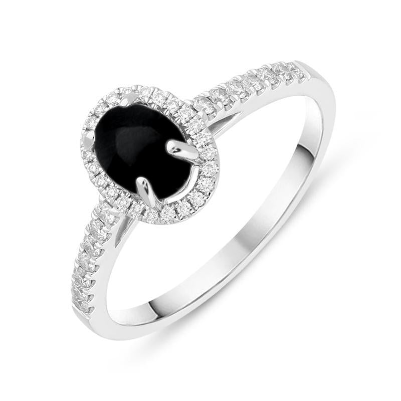18ct White Gold Whitby Jet 0.24ct Diamond Oval Ring. R1109.