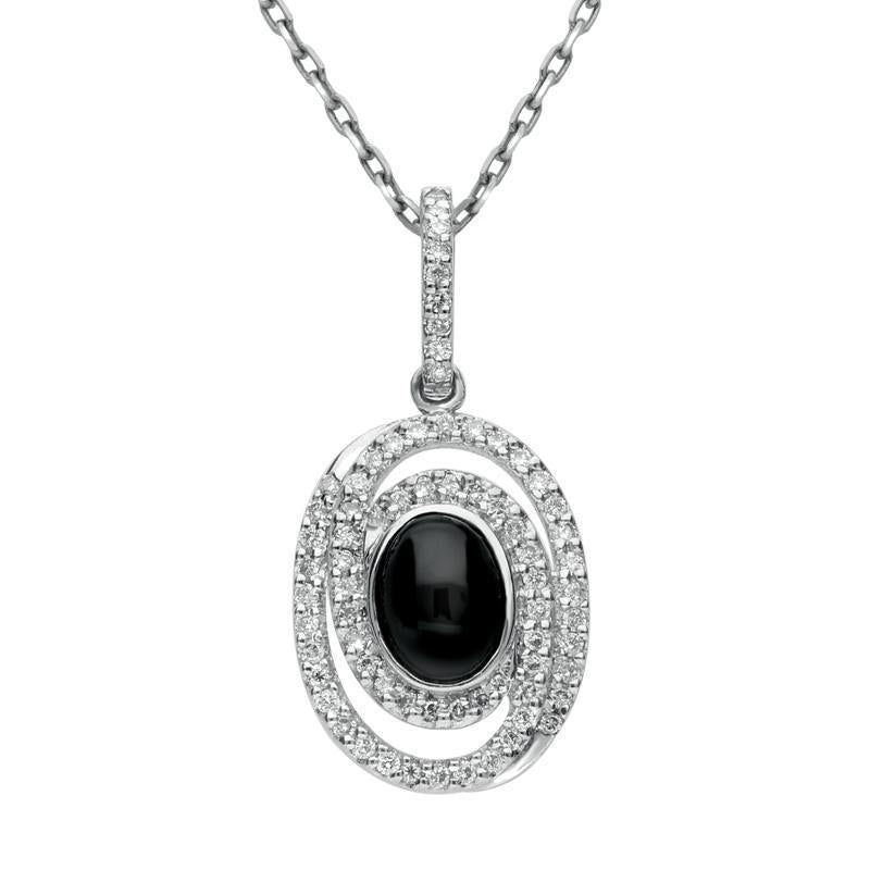 18ct White Gold Whitby Jet 0.38ct Diamond Oval Spiral Design Necklace. P1533