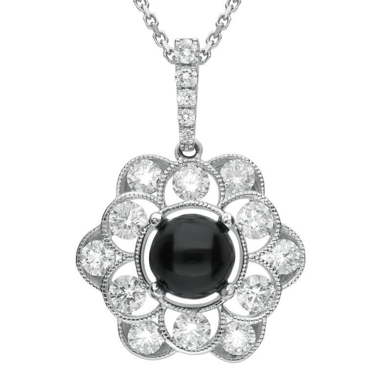 18ct White Gold Whitby Jet 0.89ct Diamond Central Stone Flower Necklace P2661