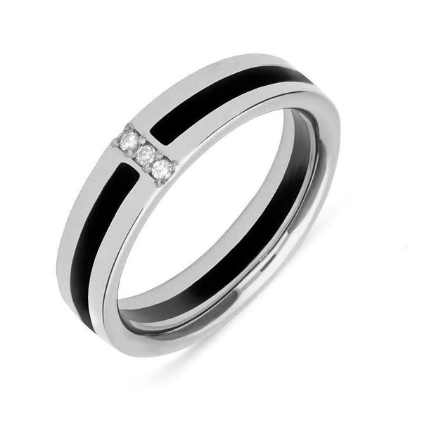 18ct White Gold Whitby Jet Diamond Inlaid Band Ring. R632.