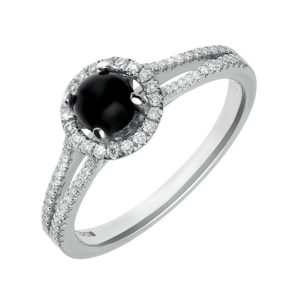 18ct White Gold Whitby Jet and 0.26ct Diamond Round Split Shank Ring. R962.