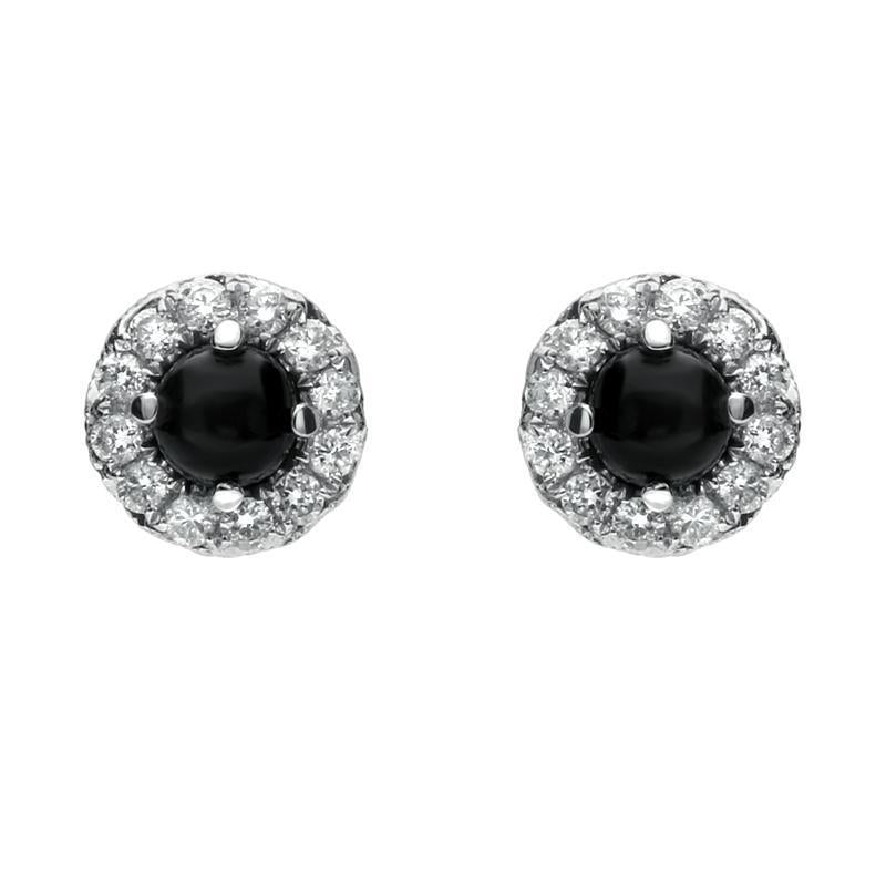 18ct White Gold Whitby Jet and Diamond Round Stud Earrings. E2121. 
