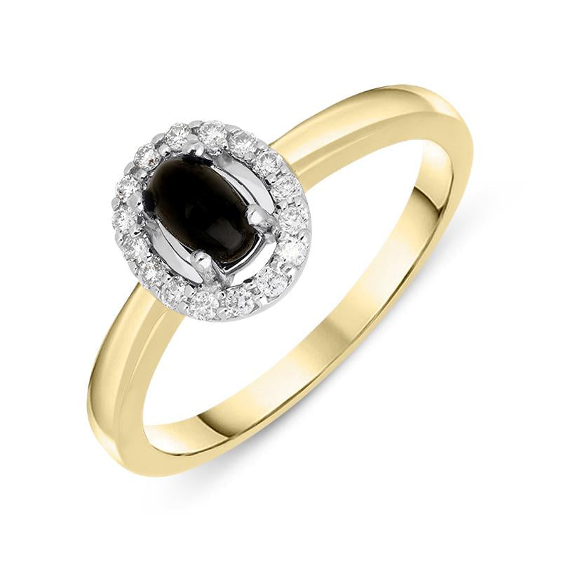18ct Yellow Gold Whitby Jet 0.12ct Diamond Cluster Ring, R1157.
