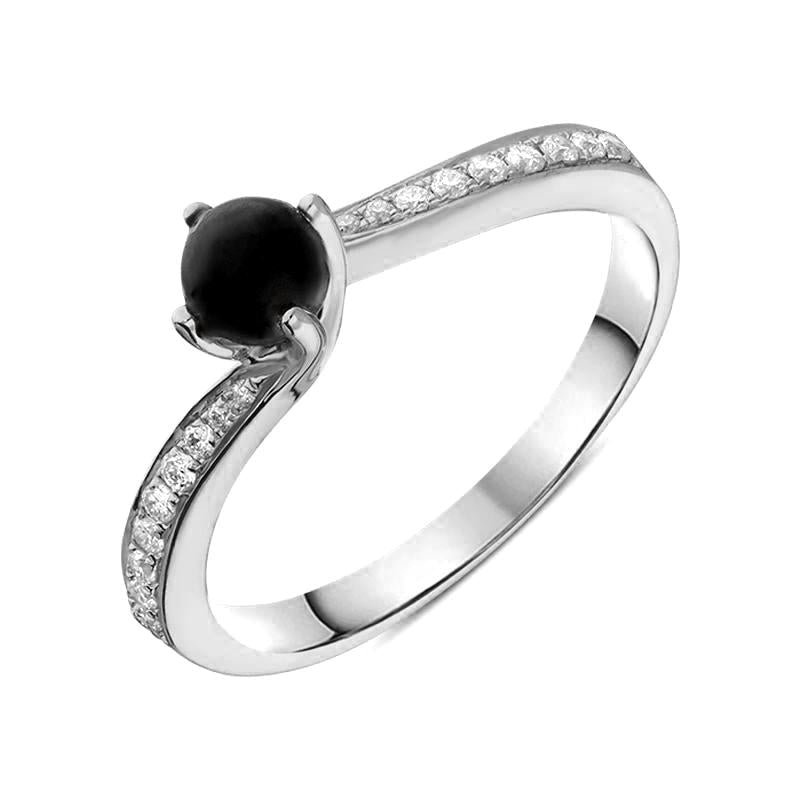 18ct White Gold Whitby Jet 0.12ct Diamond Tapered Twist Ring. R1030.