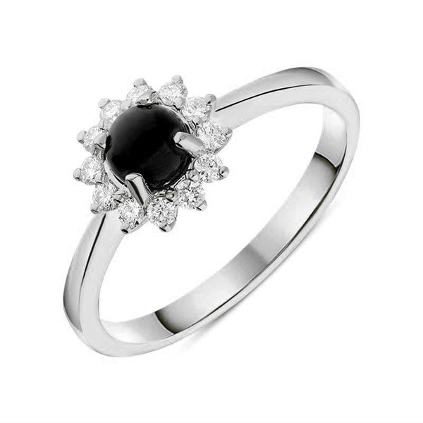 18ct White Gold Whitby Jet 0.18ct Diamond Round Cluster Ring, R884.
