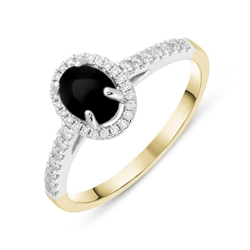 18ct Yellow Gold Whitby Jet 0.24ct Diamond Oval Ring. R1109.