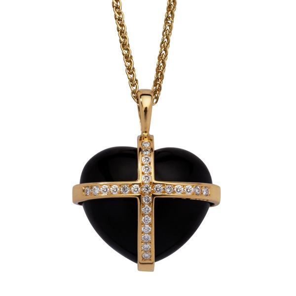 18ct Yellow Gold Whitby Jet 0.37ct Diamond Large Cross Heart Necklace P1906C