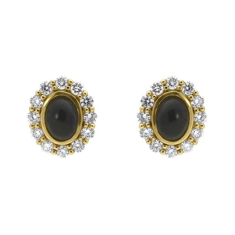 18ct Yellow Gold Whitby Jet 0.96ct Diamond Large Oval Stud Earrings, E1400.