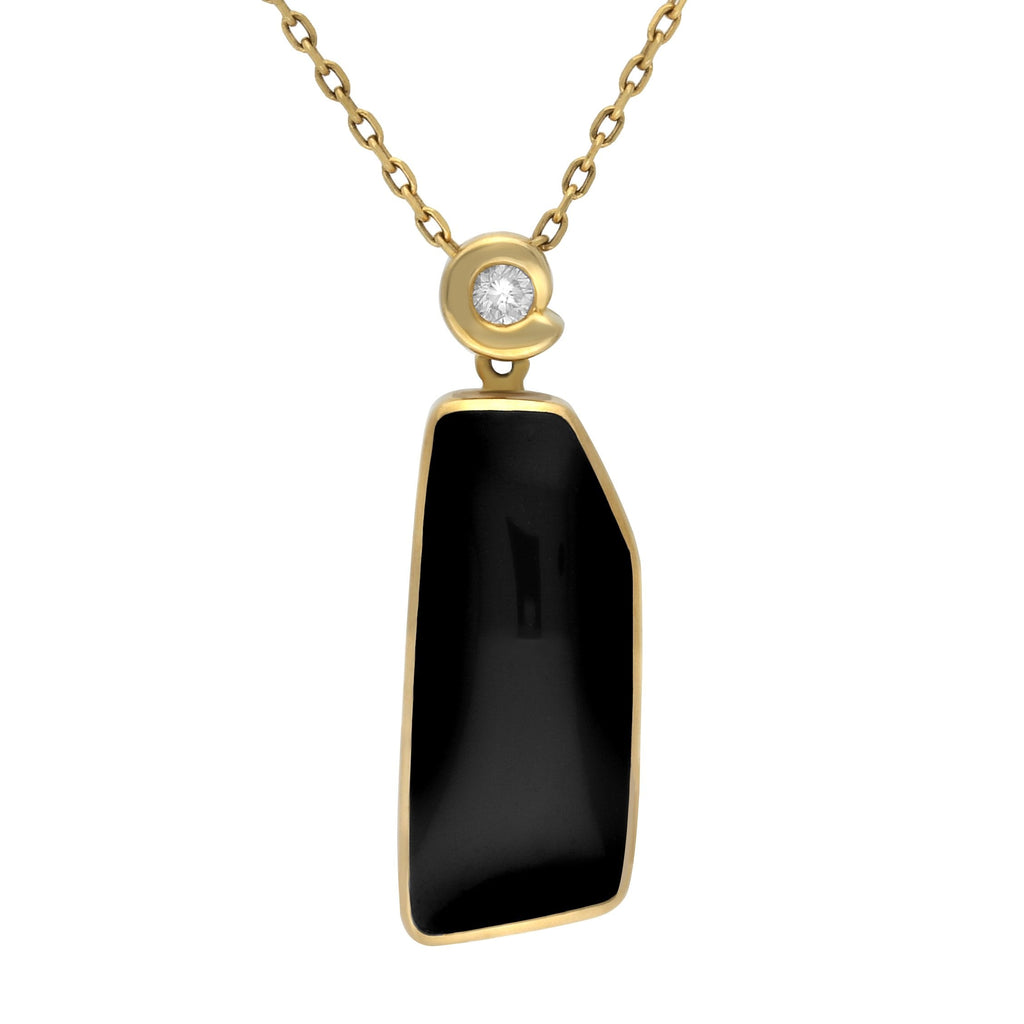18ct Yellow Gold Whitby Jet Diamond Abstract Rectangle Necklace. upop471.