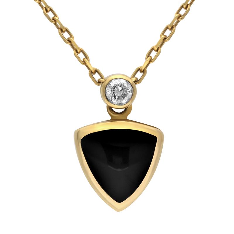 18ct Yellow Gold Whitby Jet Diamond Curved Triangle Necklace. p989c.