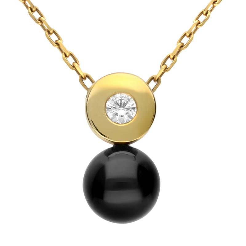 18ct Yellow Gold Whitby Jet Diamond Cylinder Bead Necklace. p448c.