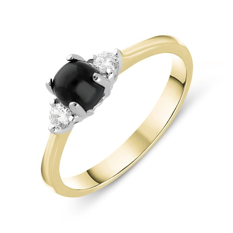 18ct Yellow Gold Whitby Jet Diamond Round Claw Set Ring. R1113.