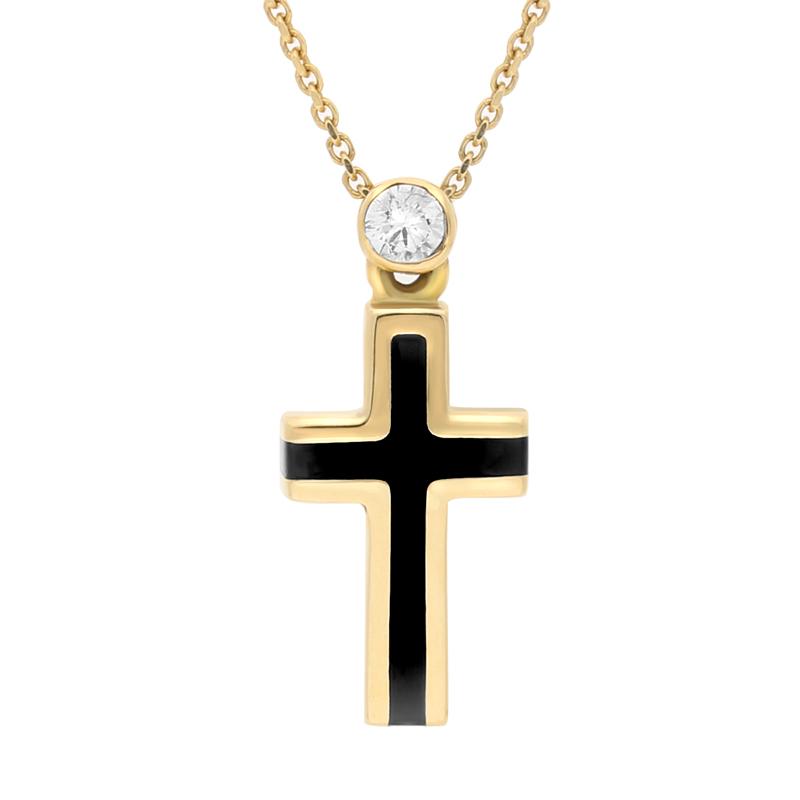 18ct Yellow Gold Whitby Jet Diamond Small Channel Set Cross Necklace. p1083c.