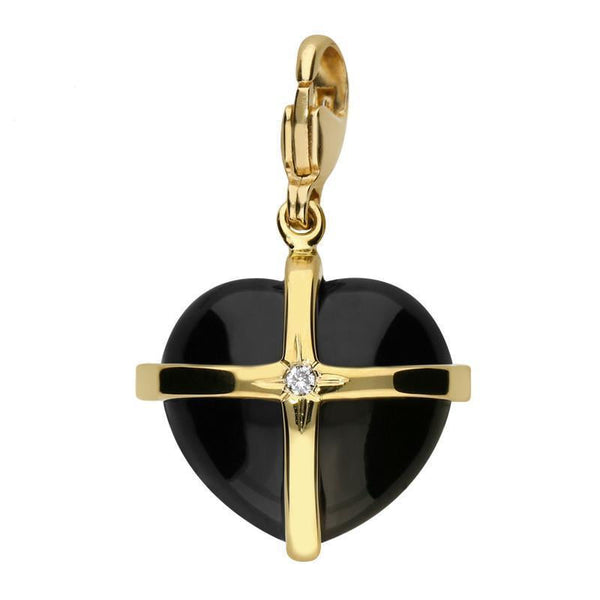 18ct Yellow Gold Whitby Jet One Diamond Large Cross Heart Charm. G773.