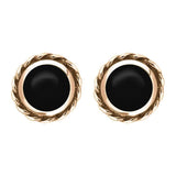 18ct Rose Gold Whitby Jet Round Twist Edge Stud Earrings. E134.