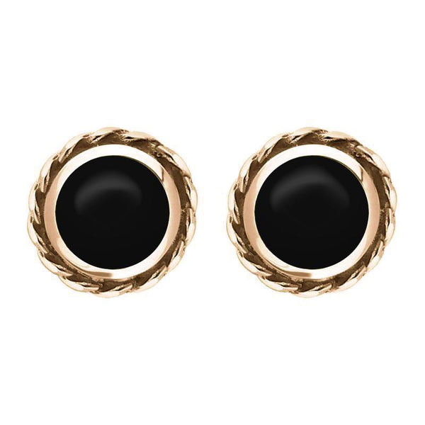 18ct Rose Gold Whitby Jet Round Twist Edge Stud Earrings. E134.
