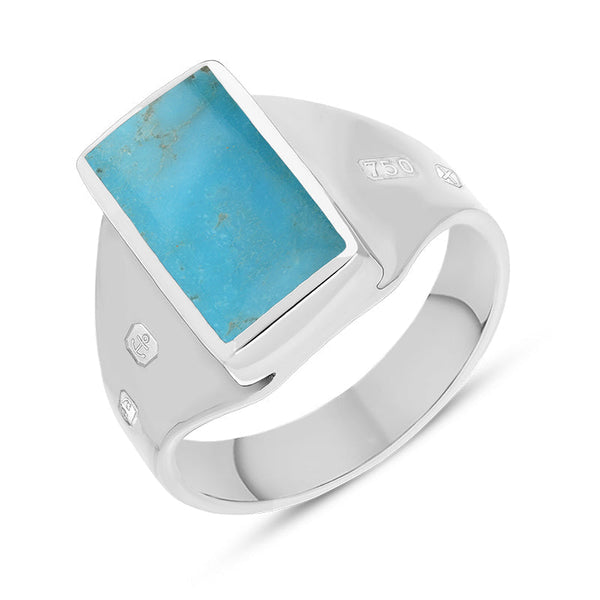 18ct White Gold Turquoise Queen's Jubilee Hallmark Small Oblong Ring. R221_JFH