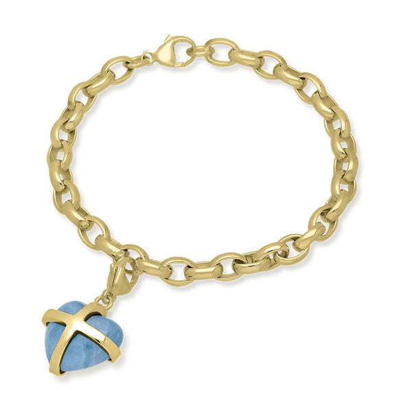 9ct Yellow Gold Aquamarine Medium Cross Heart Charm Bracelet, B1210