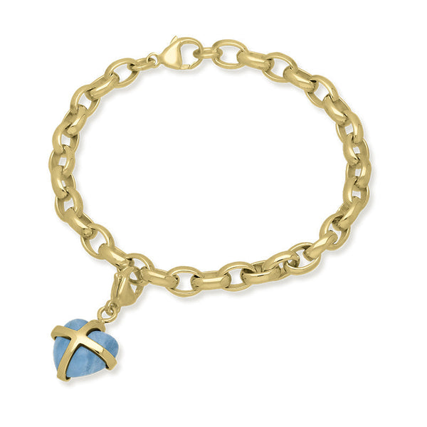 9ct Yellow Gold Aquamarine Small Cross Heart Charm Bracelet, B1209