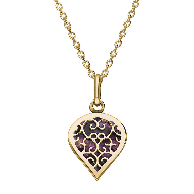 18ct Yellow Gold Blue John Flore Filigree Small Heart Necklace. P3629.