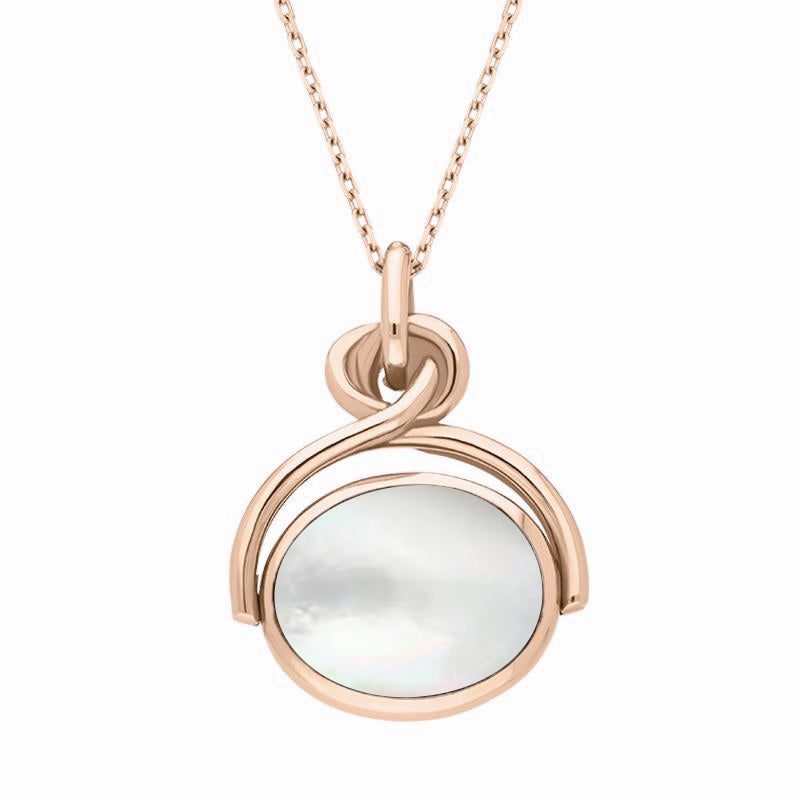 9ct Rose Gold Blue John White Mother of Pearl Oval Swivel Fob Necklace, P096.