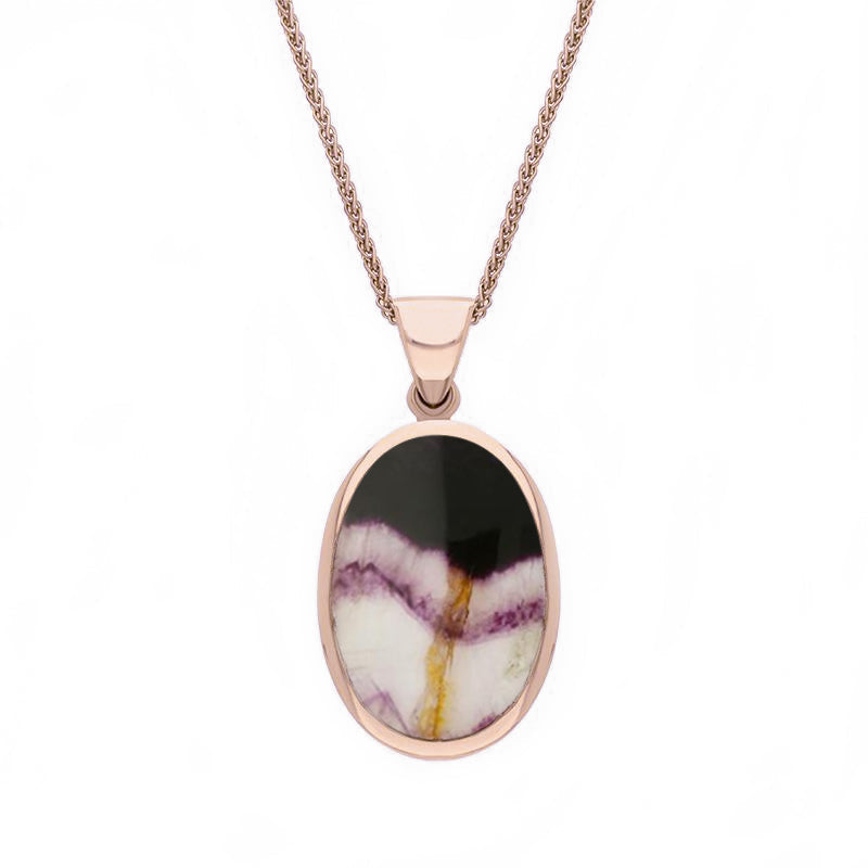 9ct Rose Gold Blue John White Mother Of Pearl Small Double Sided Fob Necklace, P832.