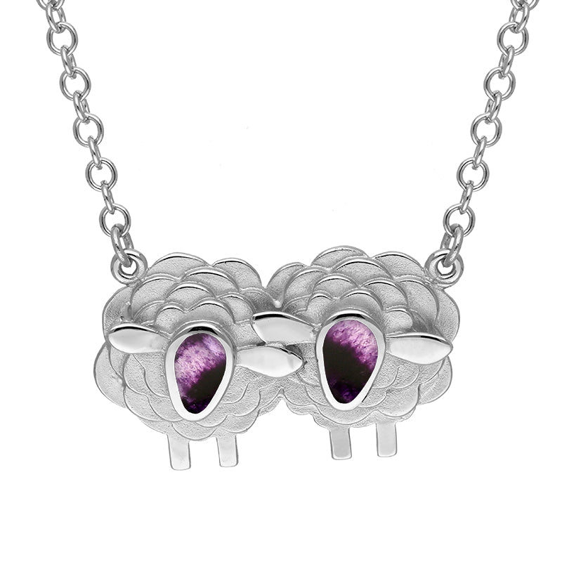 9ct White Gold Blue John Two Large Sheep Necklace, N1140.