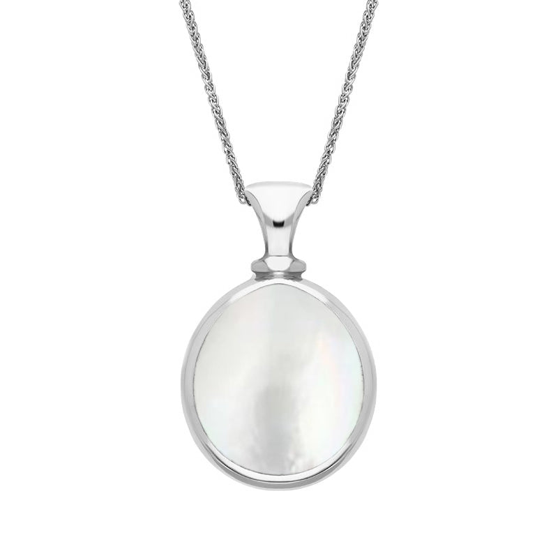 9ct White Gold Blue John White Mother Of Pearl Small Double Sided Pear Fob Necklace, P220.