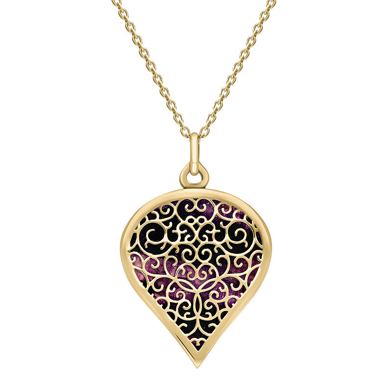 9ct Yellow Gold Blue John Flore Filigree Large Heart Necklace. P3631.