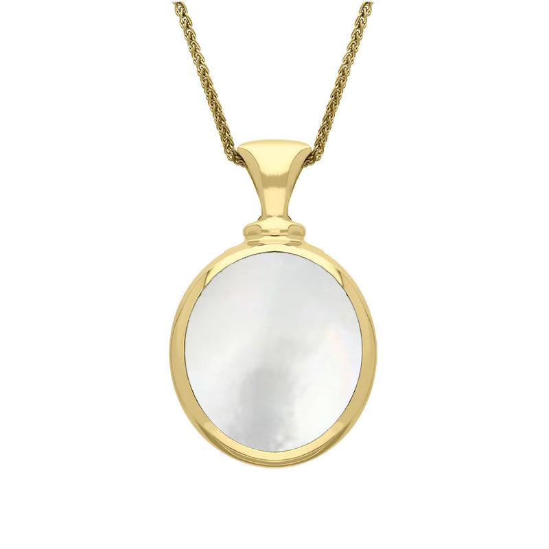 9ct Yellow Gold Blue John White Mother Of Pearl Small Double Sided Oval Fob Necklace, P219.