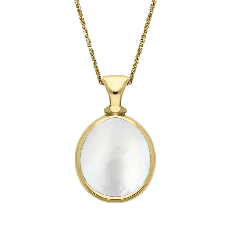 9ct Yellow Gold Blue John White Mother Of Pearl Small Double Sided Pear Fob Necklace, P220.