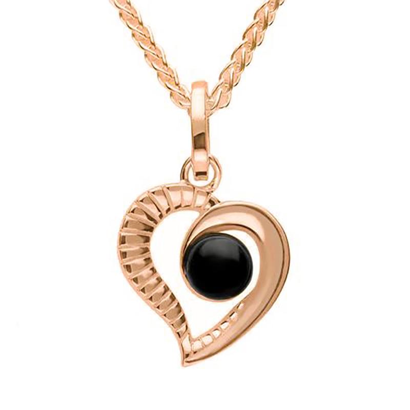 9ct Rose Gold Whitby Jet Half Ridged Heart Necklace. P2548.