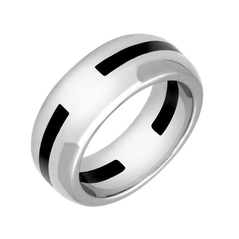 9ct White Gold Whitby Jet 2mm Stone Inlaid Band Ring. R626.