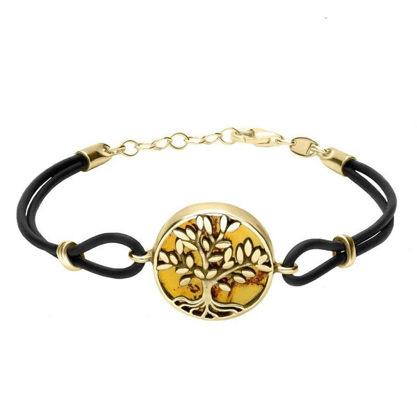 9ct Yellow Gold Amber Cord Round Large Leaves Tree of Life Bracelet B1141