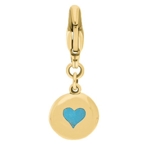 9ct Yellow Gold Turquoise Round Shaped Heart Clip Charm, G665.