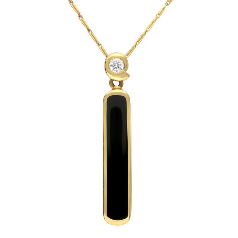 9ct Yellow Gold Whitby Jet Long Slim Oblong Necklace. p889c.