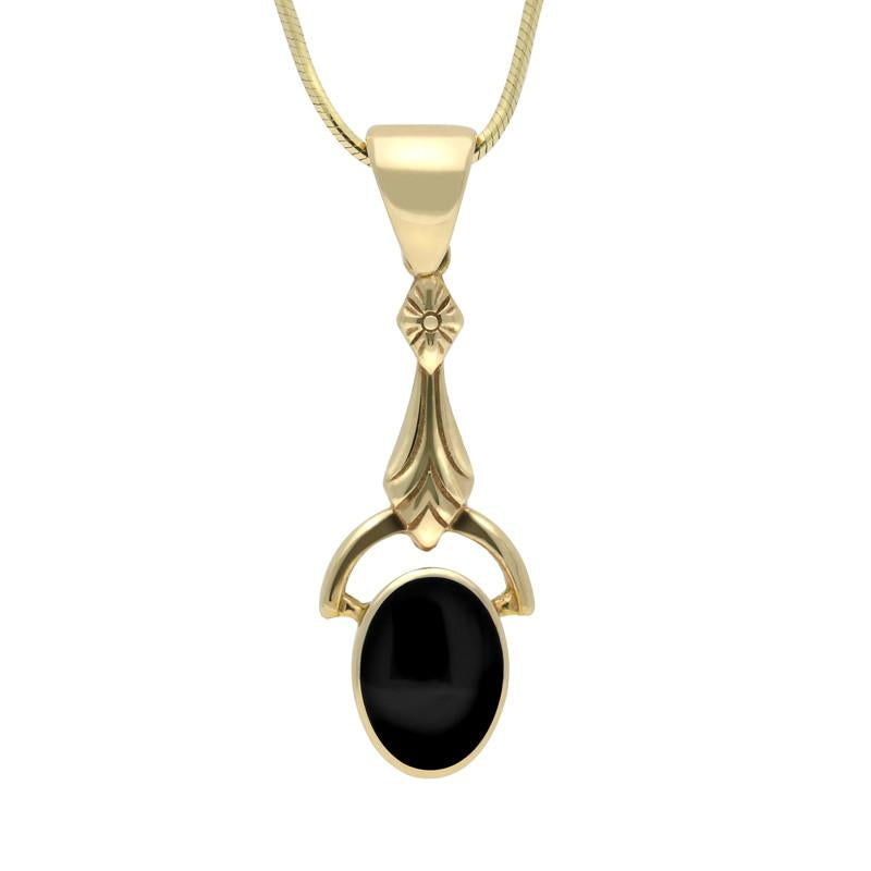 9ct Yellow Gold Whitby Jet Oval Art Deco Drop Necklace P074