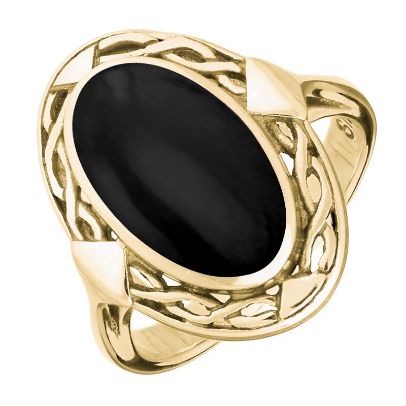 9ct Yellow Gold Whitby Jet Oval Celtic Ring. R128.