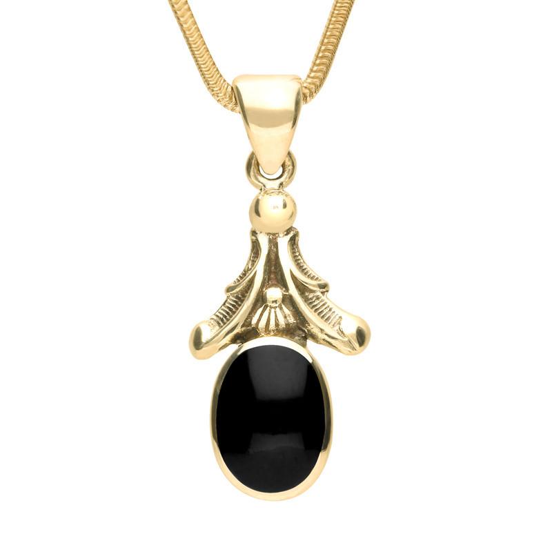 9ct Yellow Gold Whitby Jet Oval Leaf Drop Necklace P142
