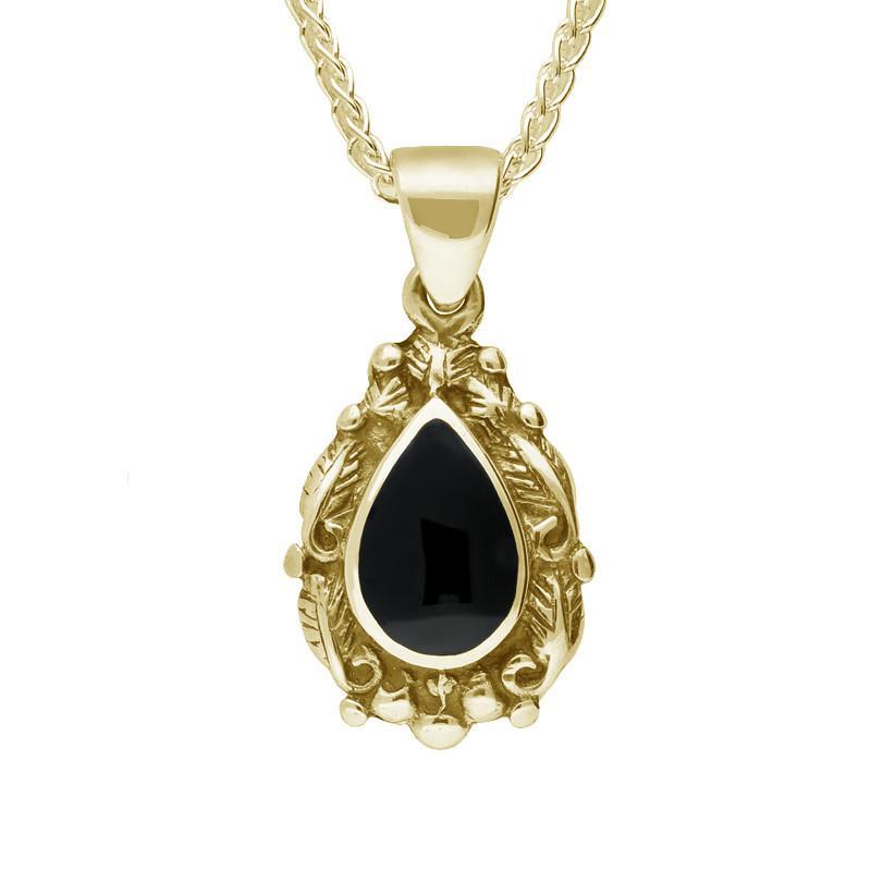 9ct Yellow Gold Whitby Jet Pear Shaped Leaf Drop Necklace P051