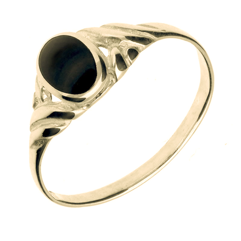 9ct Yellow Gold Whitby Jet Small Carved Scroll Ring