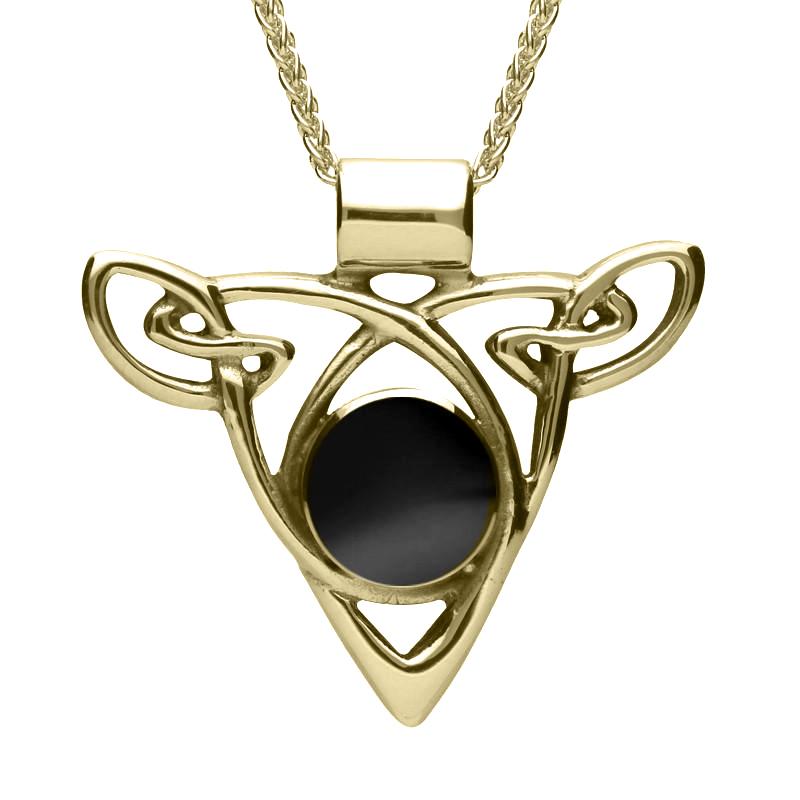 9ct Yellow Gold Whitby Jet Triangle Knot Celtic Necklace. P261.