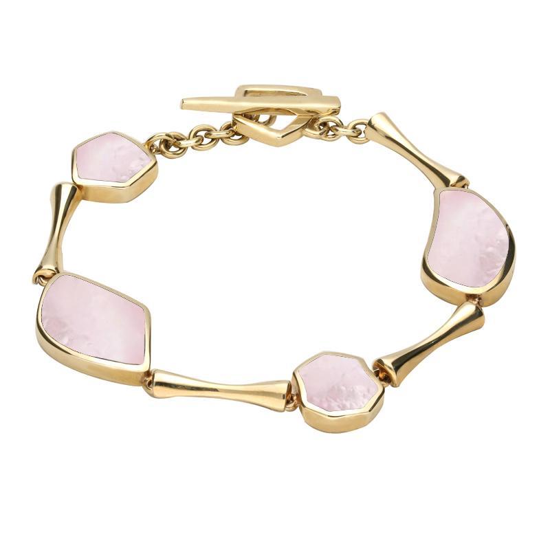 00084213 9ct Yellow Gold Pink Mother of Pearl Four Stone Concave Pentagon T Bar Bracelet, B478.