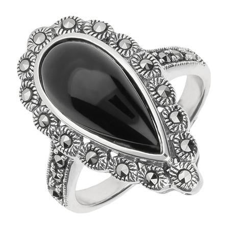 Silver Whitby Jet Marcasite Pear Centre Beaded Edge Ring R823