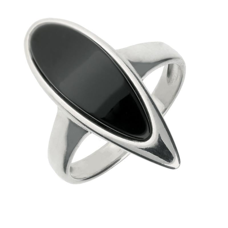 Sterling Silver Whitby Jet Curved Pear Ring R966