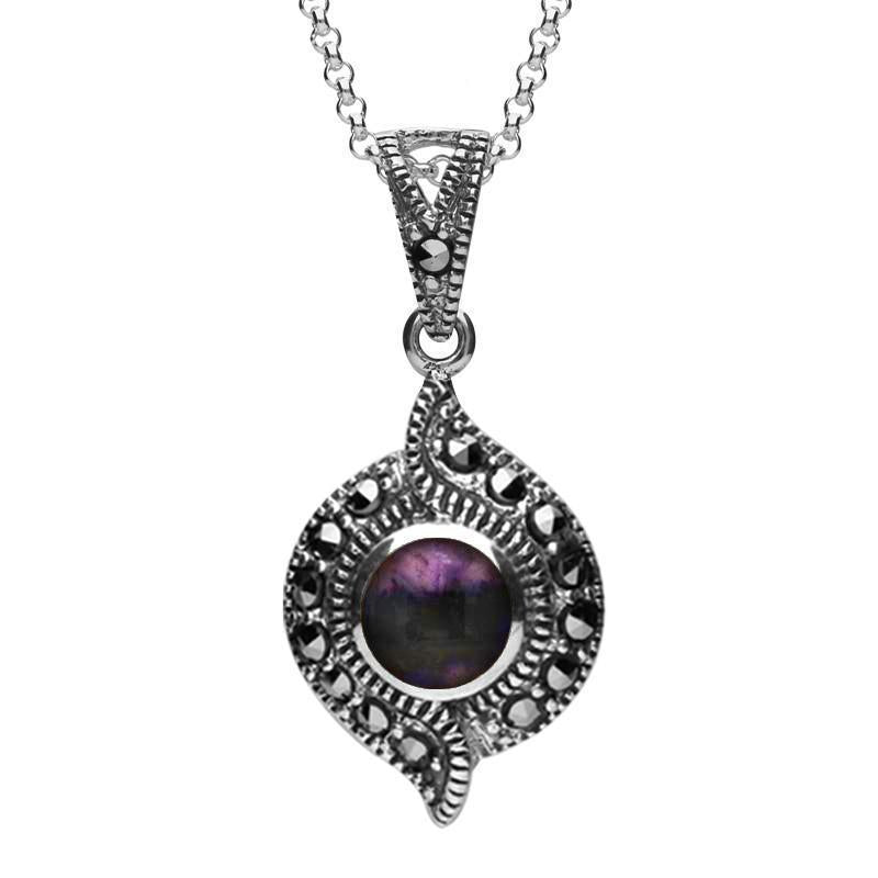 Silver Blue John Marcasite Twisted Round Pendant Necklace. P2137.