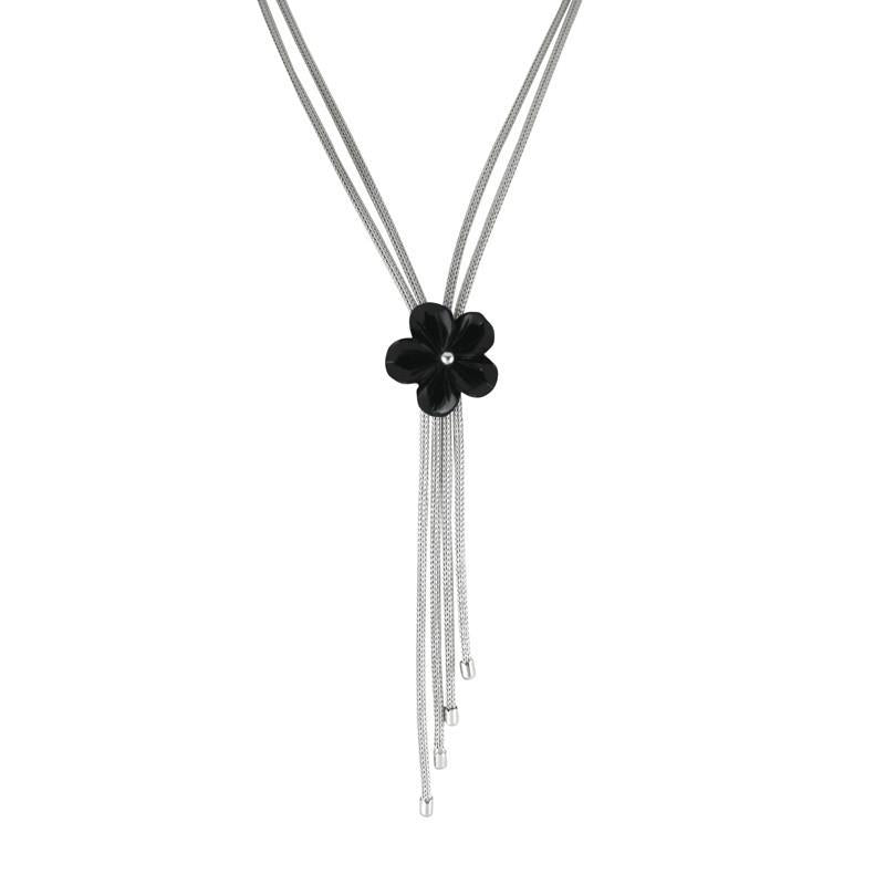 Sterling Silver Whitby Jet Carved Flower Necklace N809