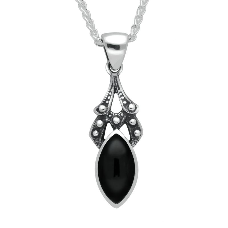 Sterling Silver Whitby Jet Marquise Drop Necklace. P089.